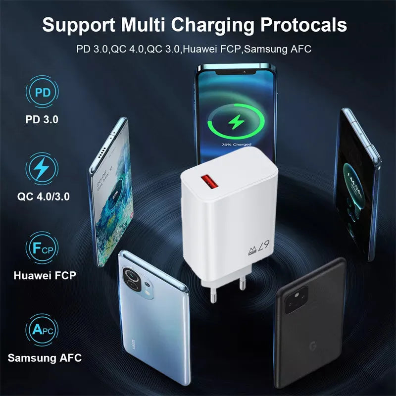 67W Charger Fast Charging Phone Charger Power Adapter Type C Cable For iPhone Samsung Xiaomi Huawei USB Quick Charge Charger