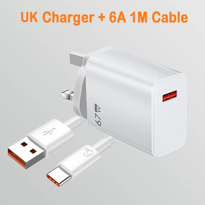 67W Charger Fast Charging Phone Charger Power Adapter Type C Cable For iPhone Samsung Xiaomi Huawei USB Quick Charge Charger