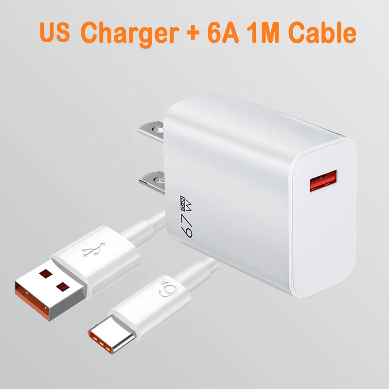 67W Charger Fast Charging Phone Charger Power Adapter Type C Cable For iPhone Samsung Xiaomi Huawei USB Quick Charge Charger