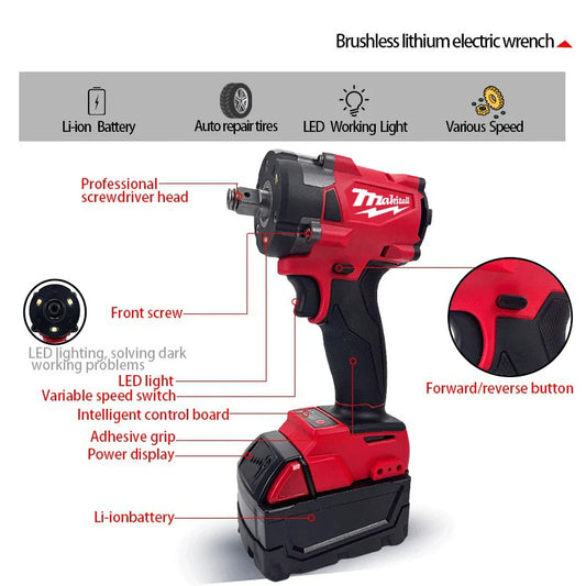 for Milwaukee BatteryBrushless Cordless Electric Wrench 1/2 Car Truck Repair Screwdriver Impact Drill Rechargable 18V Power Tool
